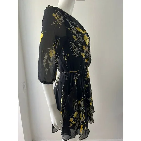 Womens Lucca Couture Black Yellow Flower Sz S Boho Chic 3/4 Sleeve Flowy Dress S - Picture 4 of 6